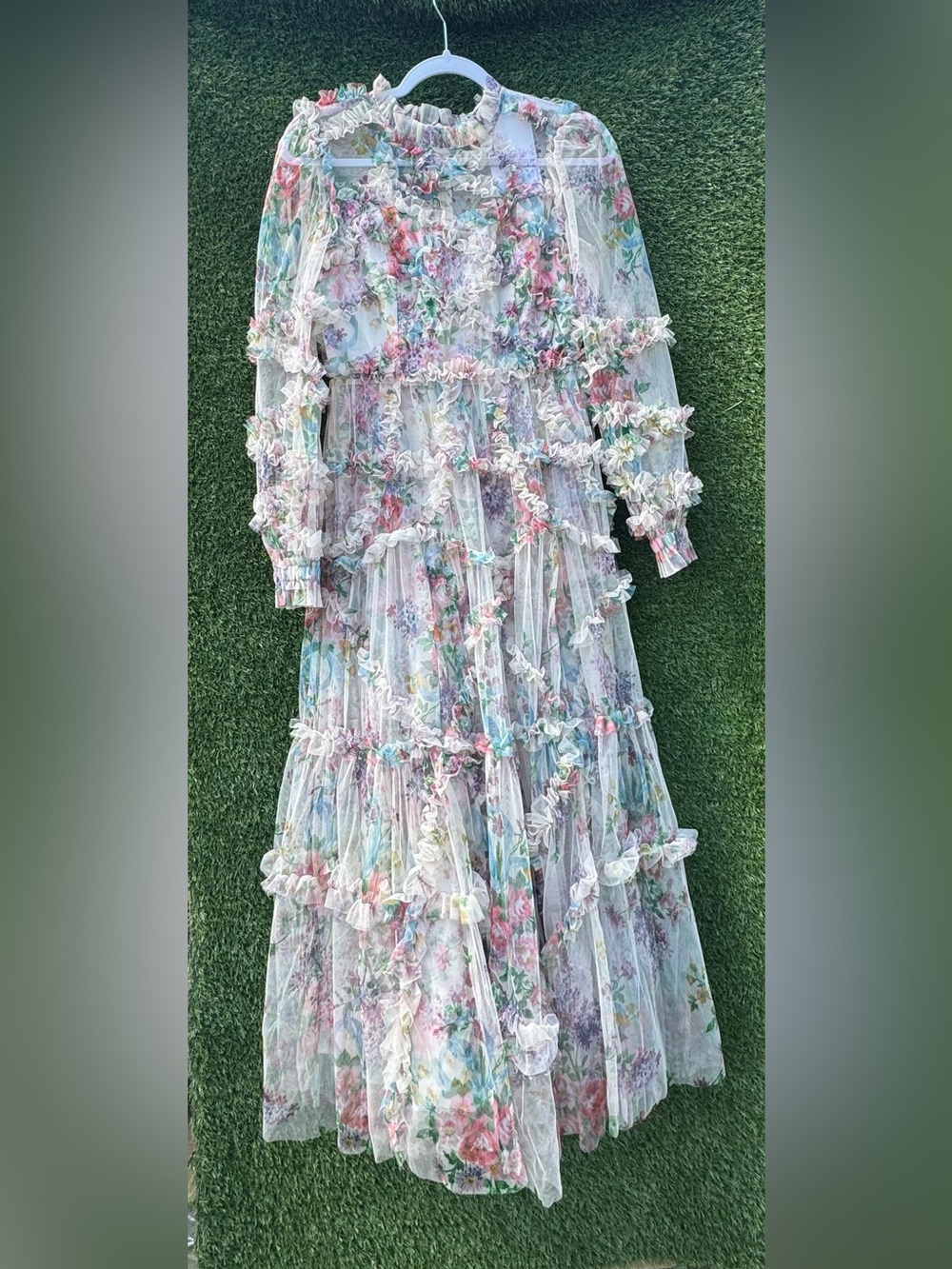 NWT Romantic Floral Ruffle Mesh Cottagecore Maxi Dress Size M